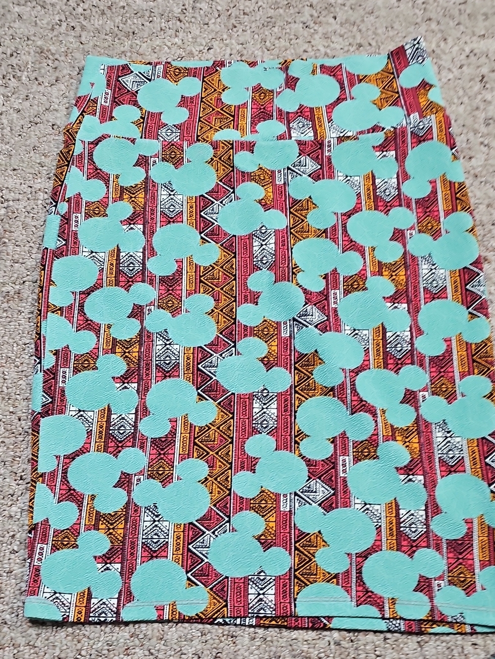 LuLaRoe Cassie Mickey Turquoise, Red & Yellow Tribal Skirt